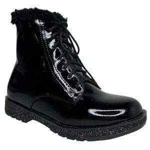 Mia Youth Girls Fashion Boot Size 2Y Black Glitter Accent Faux Fur Trim Lace up